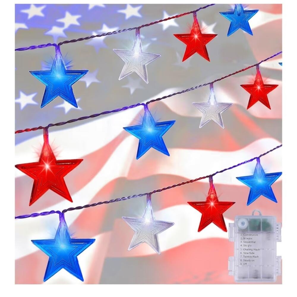 July 4th Red Blue and White Star Lights, 40LED 19FT Patriotic String Lights with